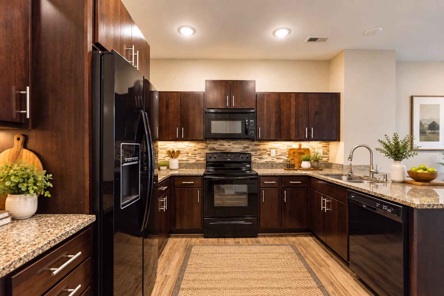 Warm modern kitchen with dark cabinetry and stainless-steel appliances