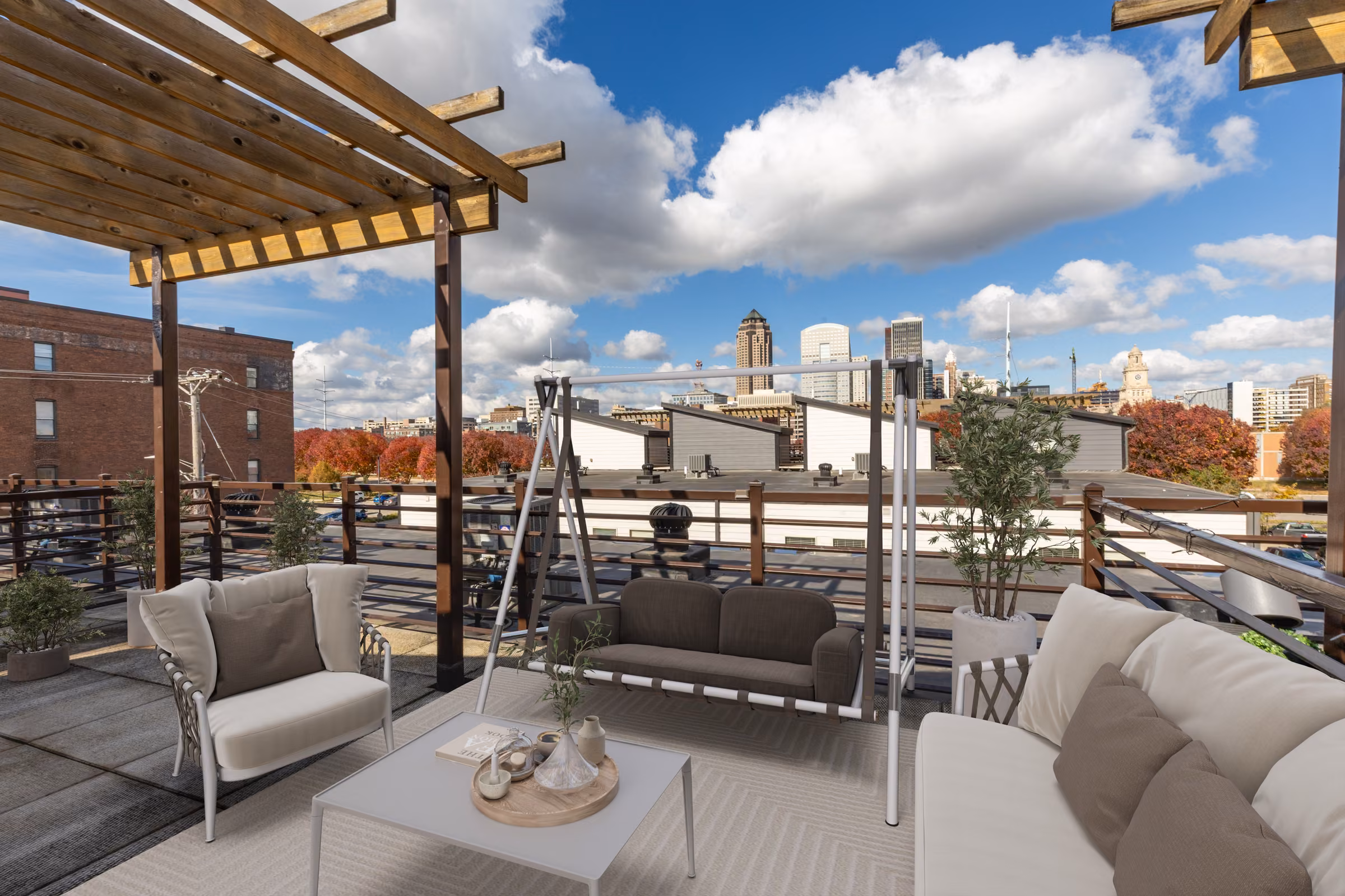 Private furnished rooftop patio overlooking the Downtown Des Moines skyline