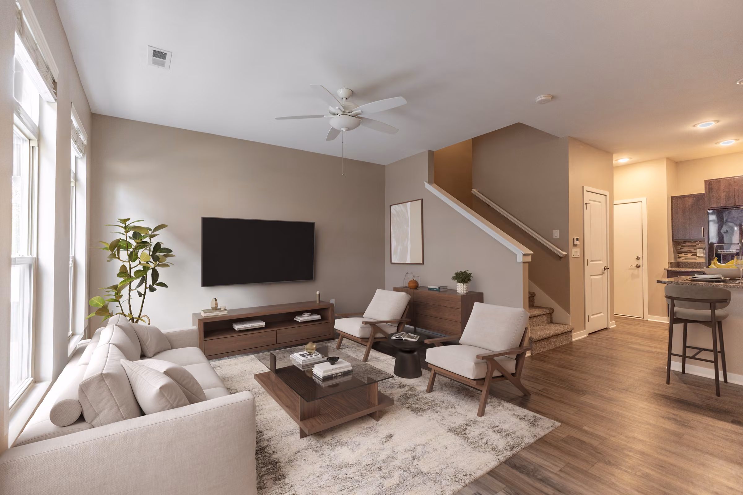 Staged living room inside a 7th Street Brownstones townhome
